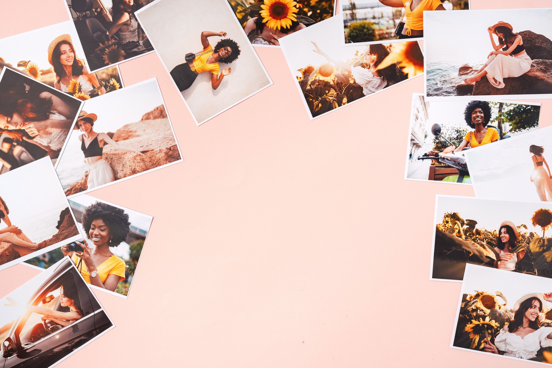 Printed colorful photos of women portraits. Printing photos concept